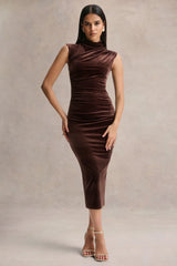 Novine Brown Velvet High Neck Midi Dress