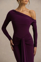 Clover Burgundy Asymmetric Neck Wrapped Maxi Dress With Sash