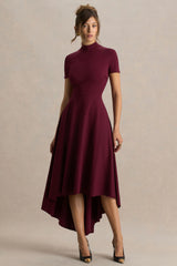 Bellona Burgundy High Neck High Low Midi Dress