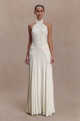 Indira Gathered Slinky Halter Maxi Dress Ivory