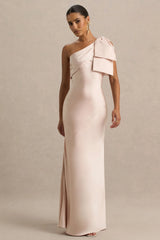 Valerie Light Pink Satin Asymmetric Neck Maxi Dress With Bow Detail
