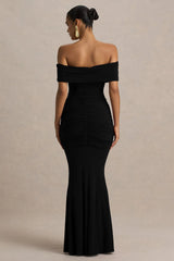 Envisioned Black Bardot Neck Maxi Dress With Gathered And Drape Detail