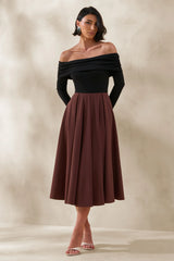 Frederica Black And Brown Bardot Neck Midi Dress