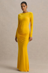 Diva Yellow Slashed Neck Maxi Dress With Ruched Detailing