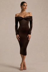 Compliment Brown Velvet Bardot Midi Dress