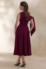Daring Burgundy Asymmetric Neck Midi Dress With Knot Detail