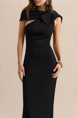 Clarina Black Asymmetric Neck Midi Dress With Bow Detail