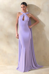 Rhoda Lilac Twist Halter Neck Cape Maxi Dress
