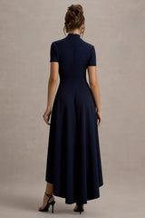 Bellona Navy High Neck High Low Midi Dress