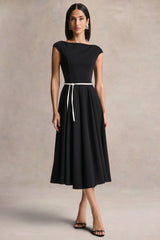 Nataline Black Round Neck Midi Dress With White Belt Detail