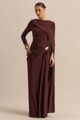 Orintha Brown Slashed Neck Maxi Dress With Cape And Gold Detail