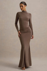 Reid Brown Long Sleeve Gathered Maxi Dress