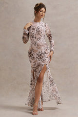Tigerlily Leopard Print Mesh Long Sleeve Open Back Maxi Dress