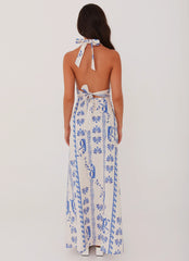 Sky Linen Maxi Dress Floral Wave