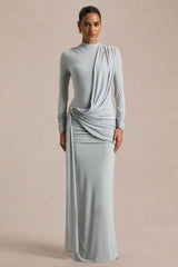 Melissa Blue Long Sleeve Wrap Maxi Dress With Draped Detailing
