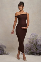 Salome Chocolate Brown Twisted Asymmetric Maternity Midi Dress
