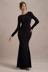 Rosalee Black Long Sleeve Cowl Back Maxi Dress With Bows