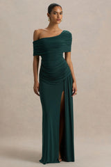 Dynasty Dark Green Asymmetric Neck Maxi Dress With Ruched Detailing And Front High Split