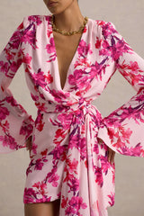 Goldie Pink Floral Print Chiffon Long Sleeve Wrap Mini Dress
