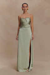 Larissa Satin Maxi Dress With Ruched Petals Sage