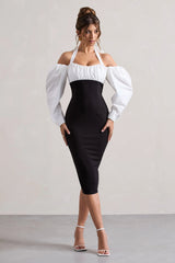 Couture Client Black Halter Neck Puff Sleeve Midi Dress