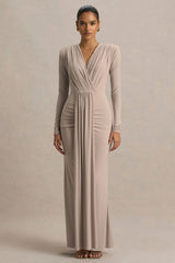 Flashy Champagne Plunge Neck Maxi Dress With Ruched Detailing