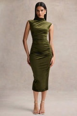 Novine Olive Velvet High Neck Midi Dress
