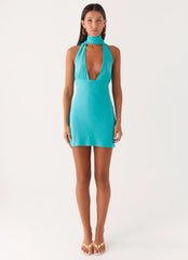 Melisande Scarf Neck Mini Dress Aqua Blue