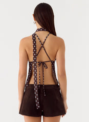 Quiero Backless Top Chocolate Blue Dot