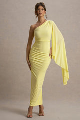 Clementina Lemon Asymmetric Cape Sleeve Maxi Dress