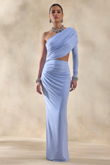 Malika Powder Blue Asymmetric Neck Maxi Dress With Body Cut Out And Gathered Detailing