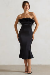 One And Only Black Satin Feather Trim Bandeau Midi Dress