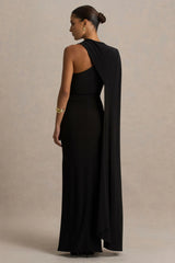 Dawn Black High Neck Maxi Dress With One Long Cape Sleeve