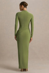 Zephyra Olive High Neck Wrapped Maxi Dress