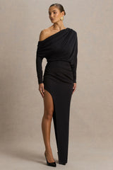 Olivia Black Asymmetric Neck Maxi Dress With Ruched Detailing And Asymmetric Hem