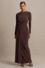Virelle Brown Boat Neck Maxi Dress With Wrap Detail And Sash