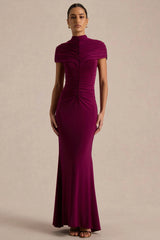 Azaria Burgundy High Neck Maxi Dress With Ruched Detailing