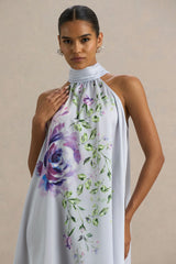 Evita Powder Blue Rose Print High Neck A Line Mini Dress With Bow