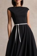 Nataline Black Round Neck Midi Dress With White Belt Detail