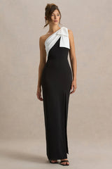Kiri Black White One Shoulder Bow Maxi Dress