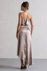 Willa Taupe Satin Bandeau Maxi Dress With Asymmetric Hem