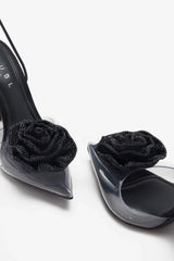 Sharpened Black Lace Up Clear Stiletto Heels With Diamante Flowers