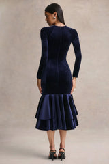Emberlyn Navy Velvet Scoop Neck Fishtail Midi Dress