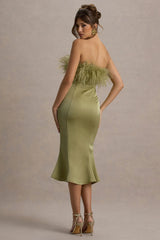 One And Only Light Green Satin Feather Trim Bandeau Midi Dress