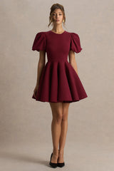 Emelia Burgundy Puff Sleeve Skater Mini Dress