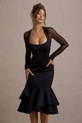 Sander Black Mesh Long Sleeve Ruffle Hem Midi Dress