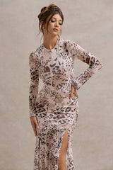 Tigerlily Leopard Print Mesh Long Sleeve Open Back Maxi Dress