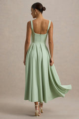 Parina Light Green Strappy Volume Hem Midi Dress