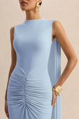Premiere Powder Blue Boat Neck Maxi Dress With Cape Sleeves And Open Back