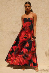 Bergamot Black And Red Floral Print Satin Sweetheart Maxi Dress